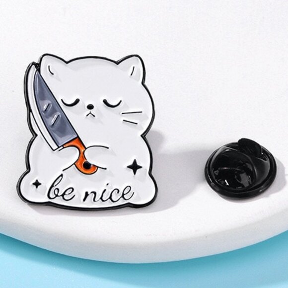 Set of 2 Say That Again Cat With Knife Enamel Lapel Pin Be Nice White Cat Pin - Picture 4 of 11